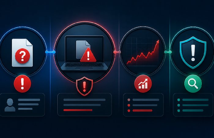 warning symbols representing suspicious file activity on computer