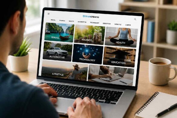 Person browsing a multi topic blog on laptop