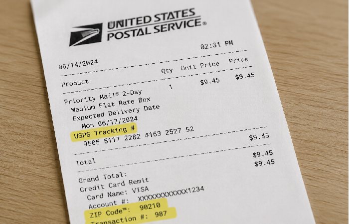 Close-up of USPS receipt showing visit information