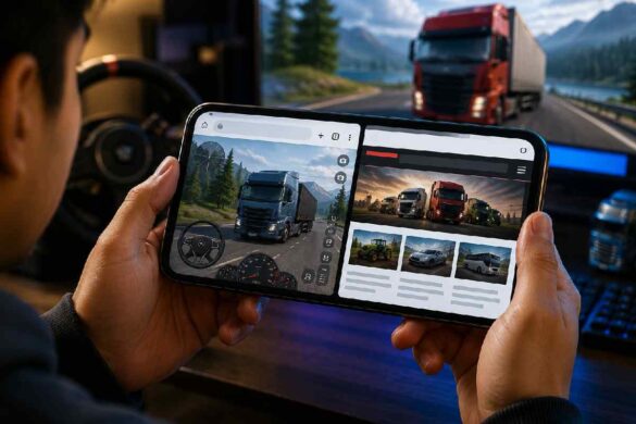 Person viewing truck simulator content related to vevlu.com.ng on a smartphone