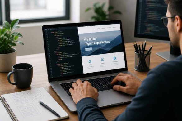 developer working on website design and code on laptop