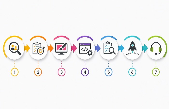 website development process flow from discovery to launch and support