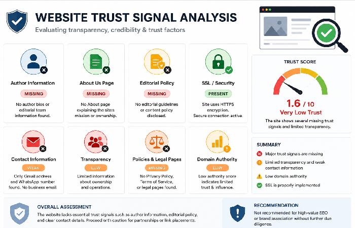 Website trust and credibility audit dashboard illustration