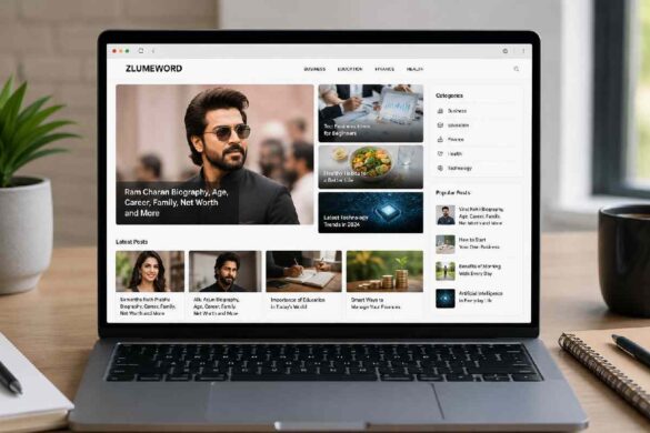 Laptop showing a multi topic blog website layout