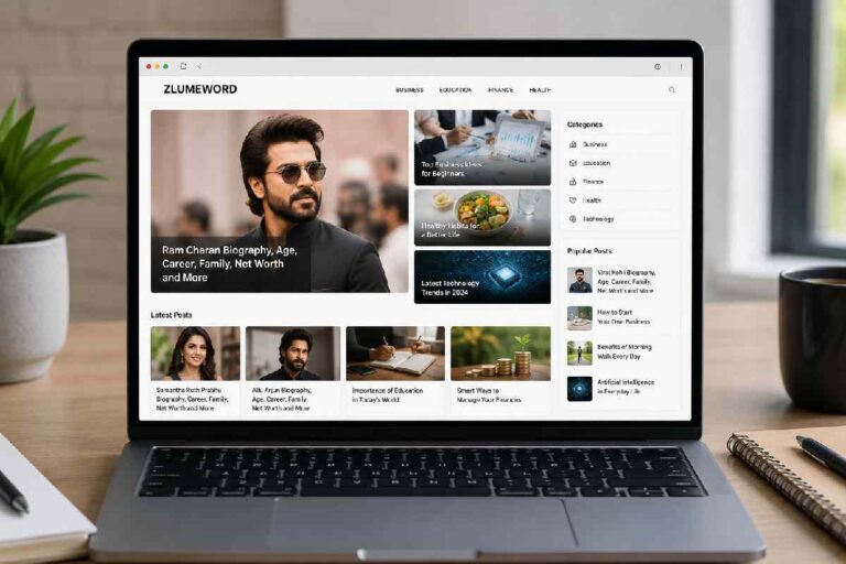 Laptop showing a multi topic blog website layout